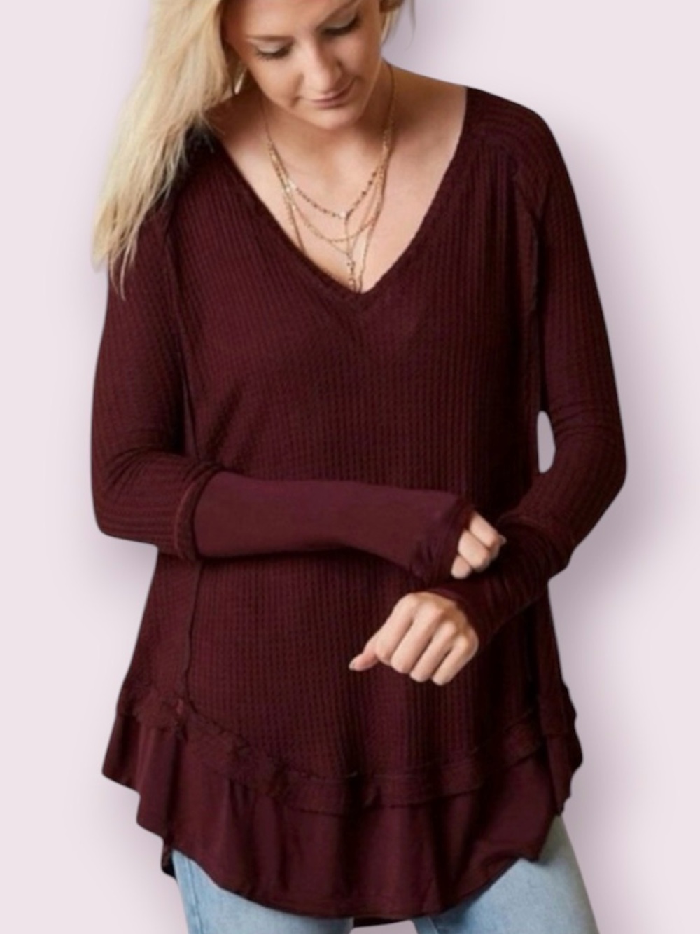 Free People We The Free Laguna Waffle Top Contrasting Cuffs Thumbholes Medium